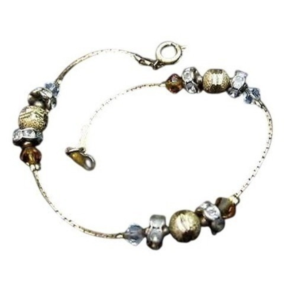 Vintage Sparkly Gold Plated Clear Rhinestone Rondelle Bead Chain Bracelet*7-3/4
